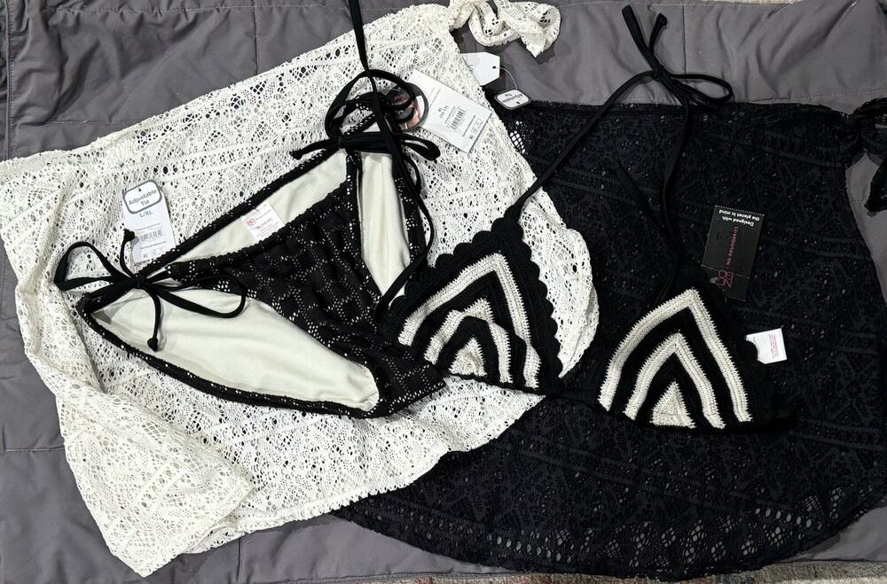 Crochet Black Tie Bikini Bathing Suit Set NWT, BOHO, Swimwear, XL & M